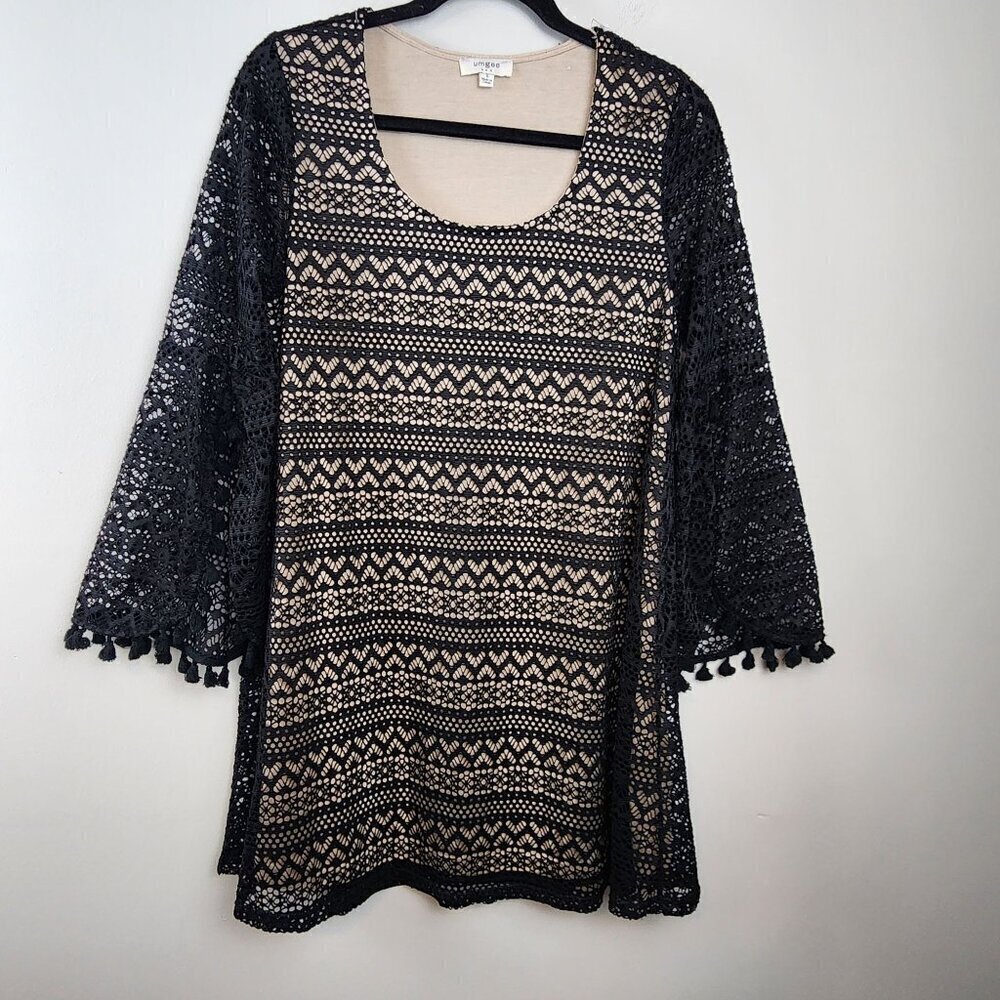 Umgee USA sz S women black lace mini dress lined pompoms sleeves